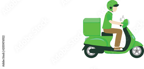 Delivery man on green scooter.