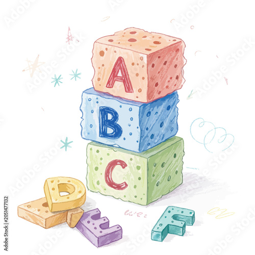 Educational toy blocks with alphabet letters stacked for kids.