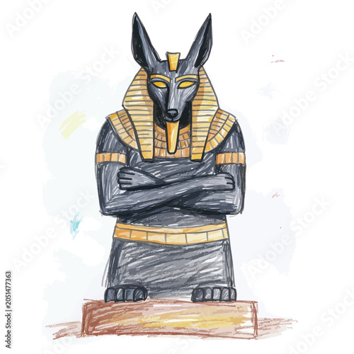 Hand drawn illustration of the Egyptian god Anubis statue.