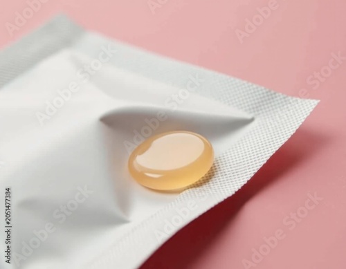A single condom sitting on a white background