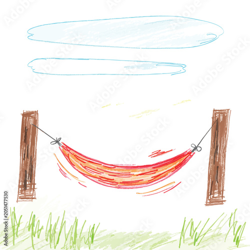 A hand drawn colorful sketch of a hammock between two posts.