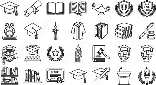 Cuadro en lienzo Graduation and university education line art vector icon set with mortarboard di