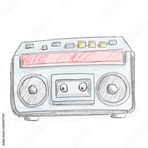 Hand drawn sketch of a vintage cassette tape recorder boombox.