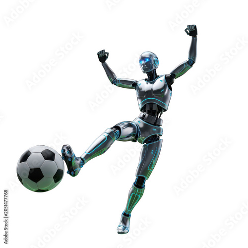 Cartoon robot celebrating with soccer ball