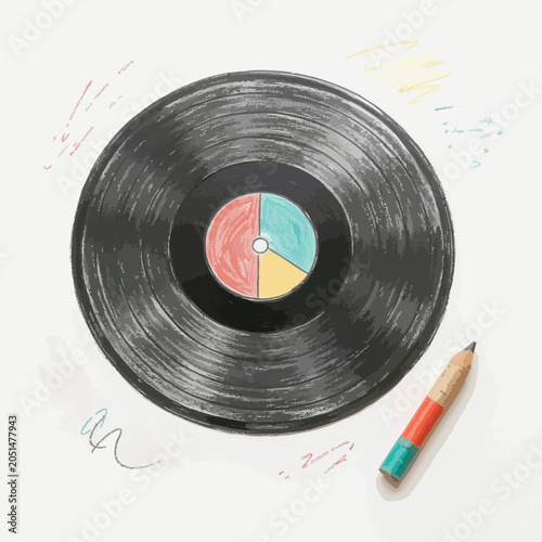 Hand drawn illustration of a vinyl record with a colorful pencil.