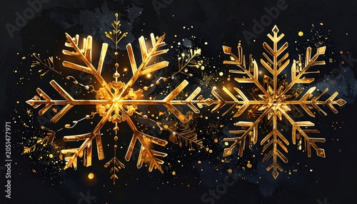 A dark background with two shiny golden snowflakes and gold particles