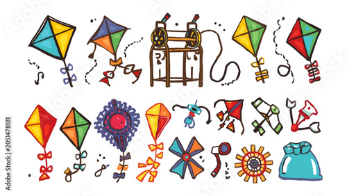 Φωτογραφία Kite Festival Fun: A vibrant collection of hand-drawn kites in various shapes and colors, a kite winder, and decorative elements evokes a sense of joyful outdoor celebration and cultural tradition
