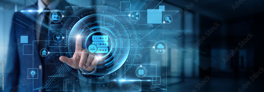 Naklejka premium Data Scientist touching Big Data data and massive dataset analysis, cloud storage information architecture, predictive pattern recognition, enterprise storage solutions.