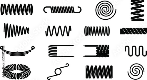 Metal industrial steel spring coil black silhouette vector icon set with tension compression torsion suspension and spiral shapes