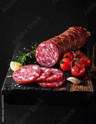 A cured meat log sliced on a wooden board with tomatoes and herbs