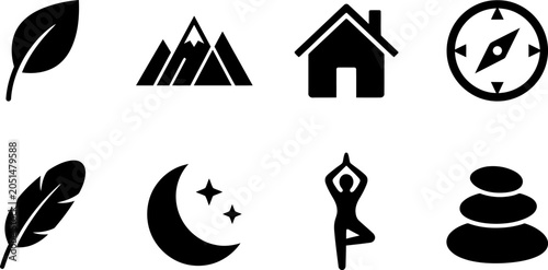 Canvas Print Set of minimalist icons representing nature wellness and travel symbols isolated