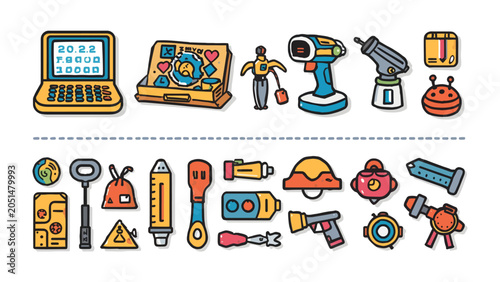 Fotografia Collection of Gadgets and Gizmos: A vibrant assortment of illustrated technological devices, tools, and playful objects, showcasing a variety of shapes, sizes, and functions in a colorful