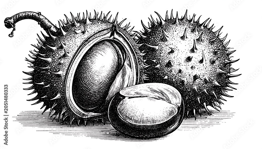 Obraz premium Detailed engraving of buckeye nuts. Spiky shells and smooth interiors depicted with rich tonal variations