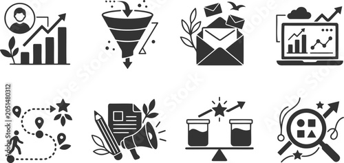 Bild auf Leinwand Business growth and marketing strategy icons featuring funnel email laptop chart