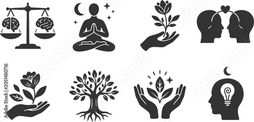 Obraz na płótnie Mindfulness meditation and mental wellness icons in silhouette