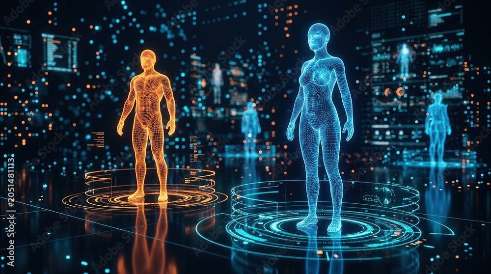 Fototapeta premium Digital human figures in a futuristic interface representing personalized medicine and precise diagnostics.