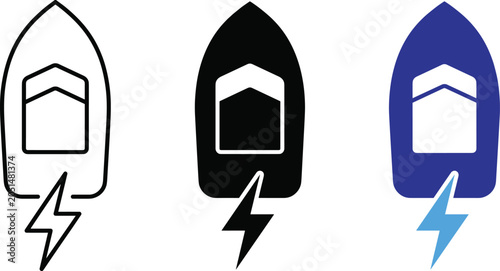 Electric Boat Icon Set Vector Line Art and Solid Fill Illustration for Marine Technology