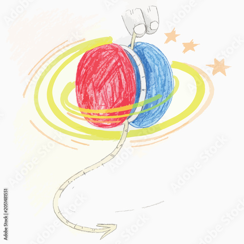 Child drawing of a spinning red and blue yoyo toy.