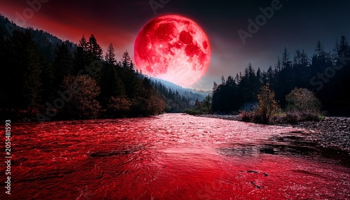 blood red moon over a crimson river in a dark forest