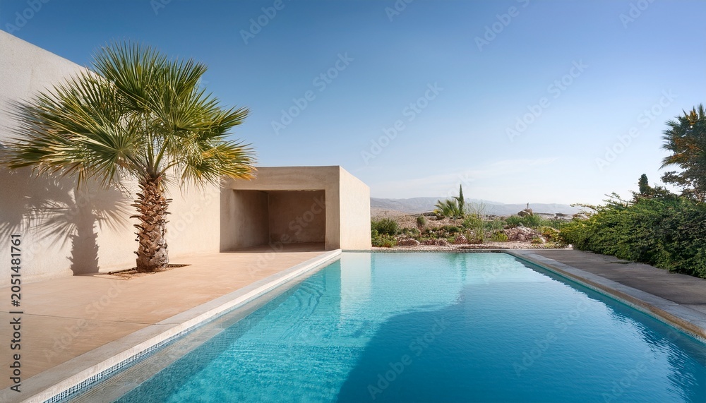 Fototapeta premium tropical garden and swimming pool in modern luxury vacation house desert architecture design background mediterranean villa with empty concrete wall palm tree poolside and patio space
