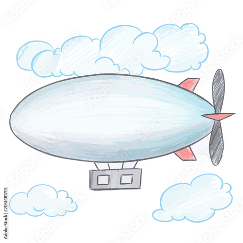Hand drawn illustration of a classic airship floating in the sky.