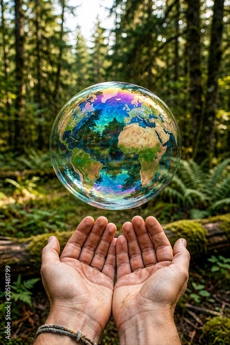 realistic soap bubble with rainbow iridescent textures for creative design and overlays reflecting continents flying above a pair of hands in the forest