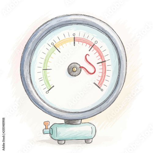 Watercolor illustration of a round pressure gauge with a colorful indicator dial.