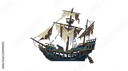 Foto Ancient Pirate Ship Model with Tattered Sails.