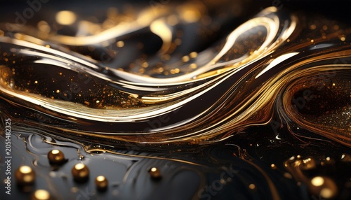 flowing liquid with golden edges bubbles and ripples on a dark grainy surface