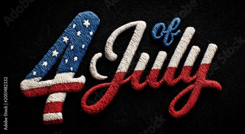 Fourth of July embroidered patriotic lettering on black background