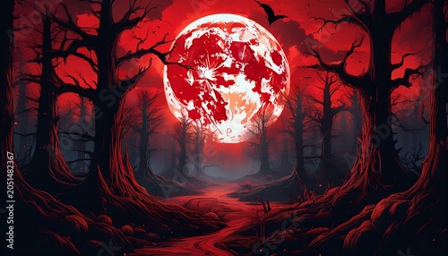 a blood red moon over a sinister forest