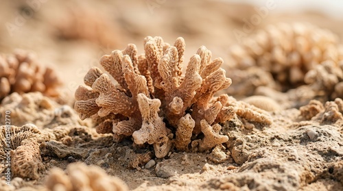 Intricate patterns of stone fossilized coral structures on a sandy reef.