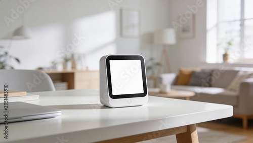 A modern digital clock on a white table in a bright living room. The room features a cozy sofa and natural light from a window.
