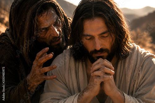 A cinematic portrayal of Jesus Christ in prayer in the desert, being approached and tempted by a dark, weathered figure representing the devil.