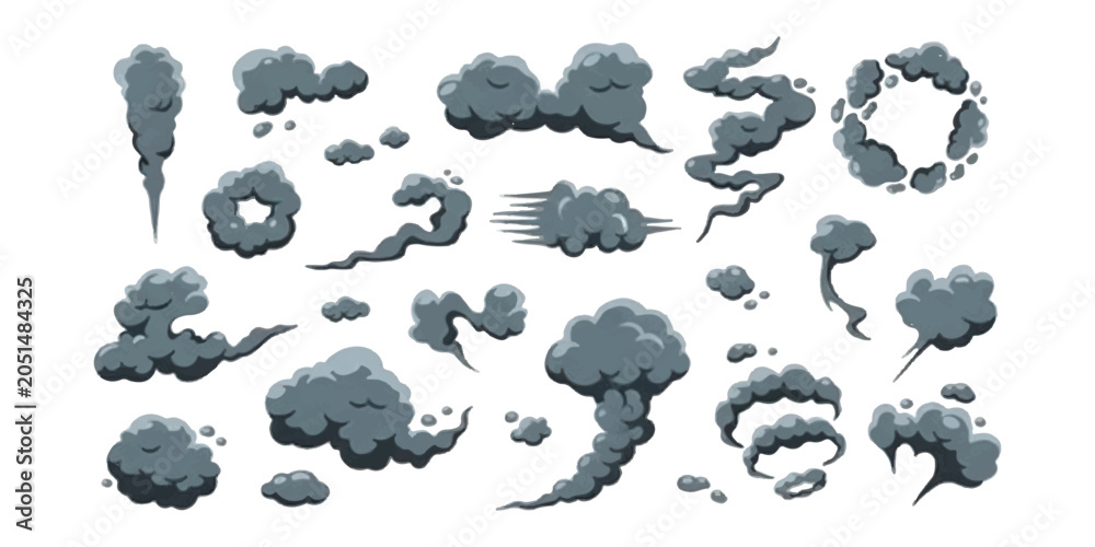 Fototapeta premium Set of cartoon smoke clouds and dark steam puffs for comic style design and motion effects isolated on white background