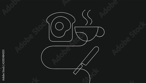 Cuadro en lienzo Linear vector illustration of breakfast meal featuring coffee cup egg and bread