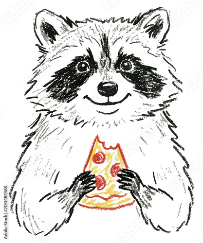 Fotografie Friendly raccoon character eating a slice of pepperoni pizza with wildlife