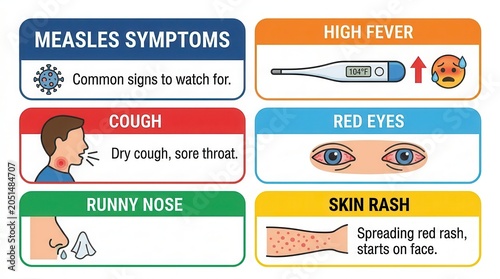 Medical infographic illustrating measles symptoms including fever, skin rash, cough, and red eyes.