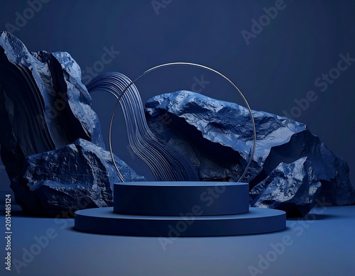 A dark blue circular platform with a wavy metal arch on a dark blue background with large rocks