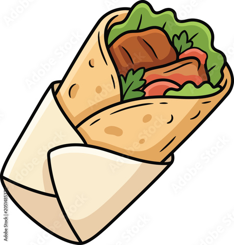 Delicious Chicken Wrap Flat Vector Illustration with Fresh Vegetables, Fast Food and Healthy Meal Design.