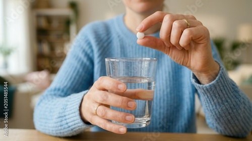 A woman preparing to take a painkiller pill with a glass of water for treatment.