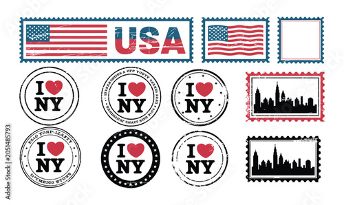 USA Postage Stamps and I Love NY Vector Seals Set for New York Souvenir and Travel Designs