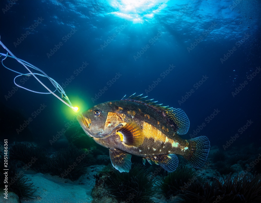 Fototapeta premium deep sea anglerfish with bioluminescent lure in dark ocean depths