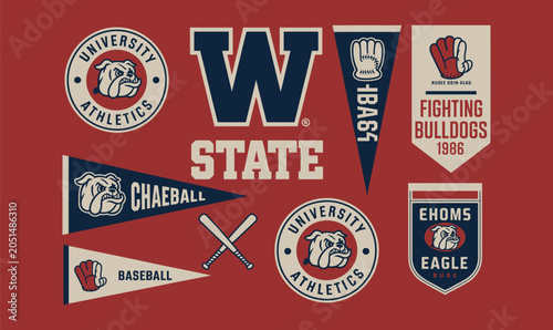 Varsity baseball pennant vector set on red background for collegiate t-shirt apparel print design