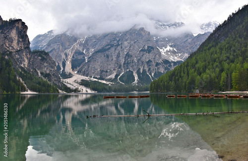 Canvas Print The Pragser Wildsee, or Lake Prags, Lake Braies (Lago di Braies) - beautiful natural lake in the Prags Dolomites in South Tyrol, Italy