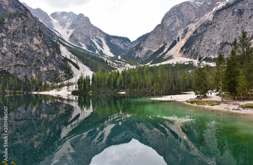 Fotografie The Pragser Wildsee, or Lake Prags, Lake Braies (Lago di Braies) - beautiful natural lake in the Prags Dolomites in South Tyrol, Italy