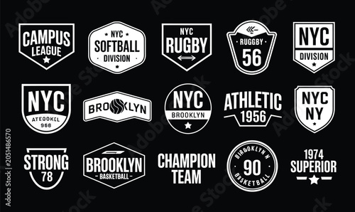 NYC varsity typography vector patch bundle on black background for athletic t-shirt apparel design