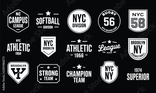 NYC varsity typography vector patch set on black background for athletic t-shirt apparel design