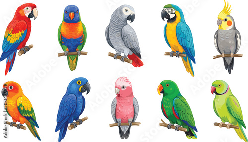 Canvas Print Colorful tropical parrots set, vector illustration of exotic cartoon birds perch