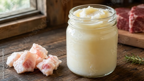 Jar of creamy rendered beef tallow with chunks of suet and raw steak on a rustic wooden table